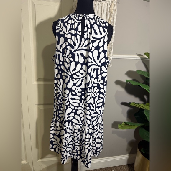LOFT Navy and White Sleeveless Midi Dress with Bold Leaf Print - Picture 2 of 5